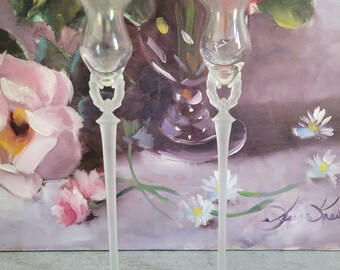 Art Nouveau Pair of Candle Sticks - One Arm Tall Candle Holders,  Floral, Laurel Crown Frosted Glass Single Taper Candle Sticks