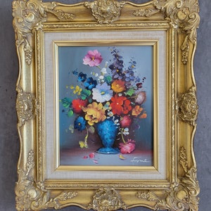 Vintage Floral Oil Painting,  Still Life Oil on Canvas, &quot;Flowers in a Vase&quot;, Ornate Gold Frame, Hand Painted Colorful Flower Bouquet