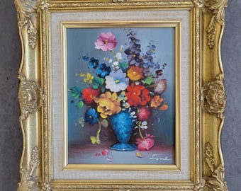 Vintage Floral Oil Painting,  Still Life Oil on Canvas, "Flowers in a Vase", Ornate Gold Frame, Hand Painted Colorful Flower Bouquet
