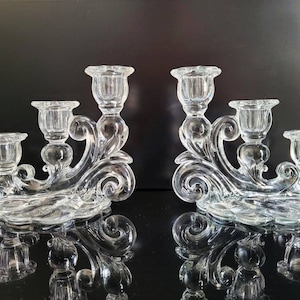 Cambridge Caprice Candle Sticks - Vintage Three Arm Tall Candle Holders, Lead Crystal Single Candle Sticks