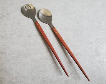 Mid-Century Modern Salad Servers- Pair of Ornate Silver Serving Fork and Spoon, Forged Stainless Japan