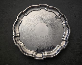 Vintage Round Ornate Tray - Footed Silver Plated  Drinks Platter, Drinks Tray, Bristol Silverplated by Poole Display Tray