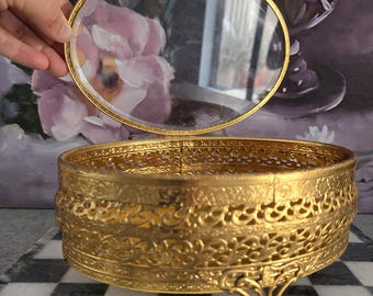 Vintage Jewelry Box - Oval Gilt Gold Box with Velvet Interior and Glass Lid