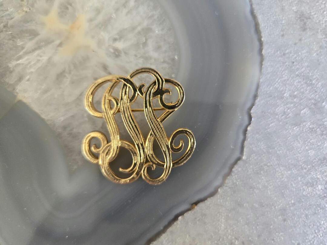 Vintage Monogram Brooch - Gold Tone Brooch Scroll Shaped, Fashion ...