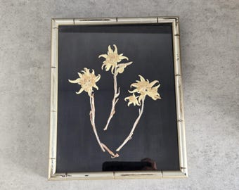 Cuadro de flores secas de edelweiss para pared - Marco vintage plateado estilo bambú, pintura floral sobre fondo negro