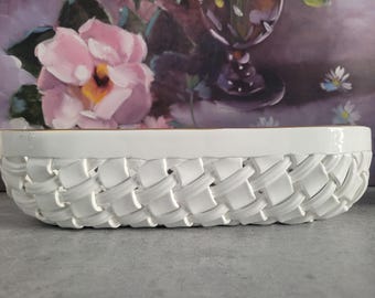Italian Woven Ceramic Basket - Primo'Gi Bassano Vintage White Large Bowl with Gold Rim, Made in Italy