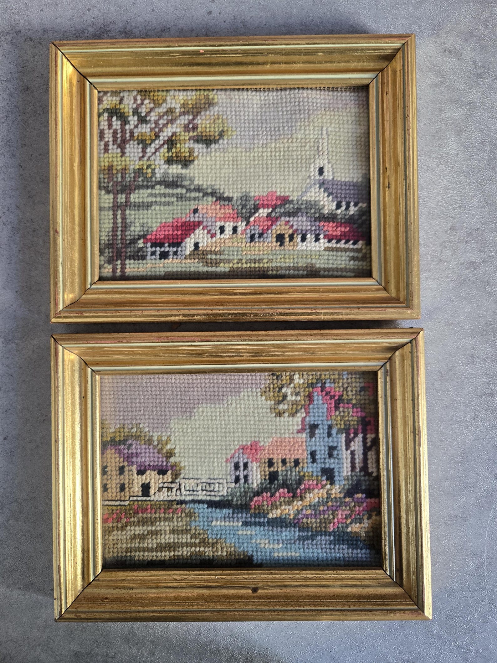Pair of Needlepoint Wall Art Lansdcapes With Gold Frames - Small ...