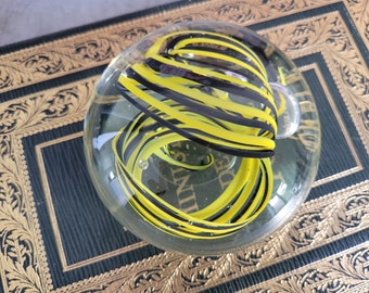 KARG Paperweight - Vintage Glass Art Black, Yellow Swirls and Clear Paper Weight