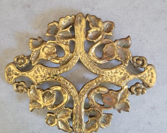 Antique Trivet Ivy Leaf Floral Scroll-  Gold-Tone Kitchen Pot Stand,  Footed Hot Plate Stand, Letter Desk Tray