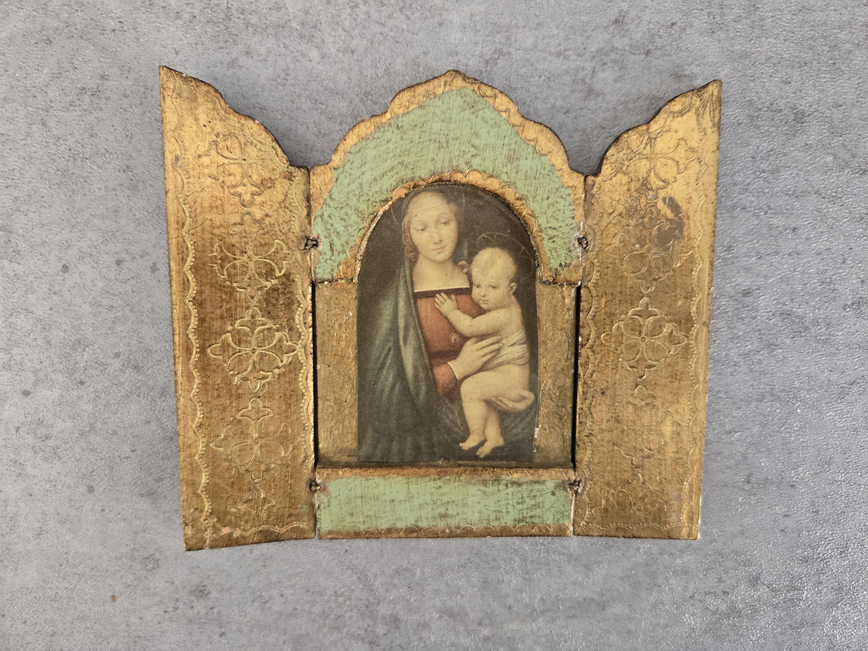 Vintage Wood Triptych Italian Florentine Gold Gilt Virgin Mary and ...