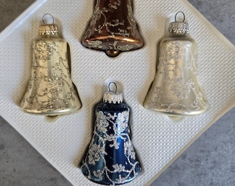 Christmas Tree Bells Glass Ornaments -  Vintage Multi-Color Bells Ornaments, Set of 4 ,Glitter Blue, Gold, Silver Christmas Decorations