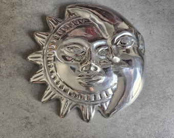 Sun and Moon Metal Wall Art with Hook - Vintage Pewter Silver-Tone Decoration