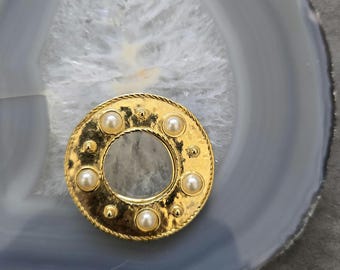 Vintage Faux-Pearl Scarf Brooch - Round Gold-Tone Rhinestone Pin, 1980s Costume Jewelry, Circle Shaped