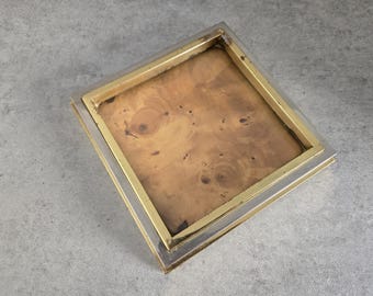 Bandeja TREVU de madera de raíz con borde de metal en tonos latón y plata - Bandeja cuadrada vintage, fabricada en Italia, Milán.