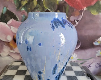 Vintage Ceramic Decorative Vase - Crystalline Blue Glaze, Pottery Art, Hand Crafted Pottery
