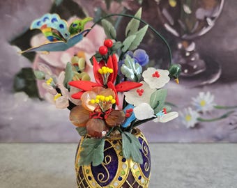 Jade & Carved Hard Stone Flower Arrangement In Cloissone Vase and Butterfly