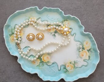 Antique Porcelain Tray -  Signed Hand Painted Floral Decorative Platter, Wedding Photo Prop, Wedding Flat Lay Prop