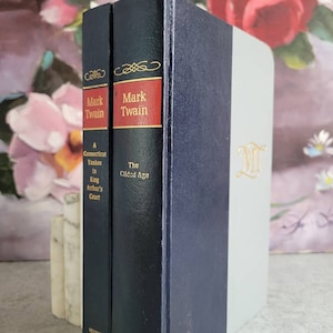 Mark Twain Vintage Book Set of 2 - Gold Blue Hardcover, Gilded Age, A Connectivut Yankee in King&#39;s Arthur&#39;s Court, Nelson Doubleday Inc