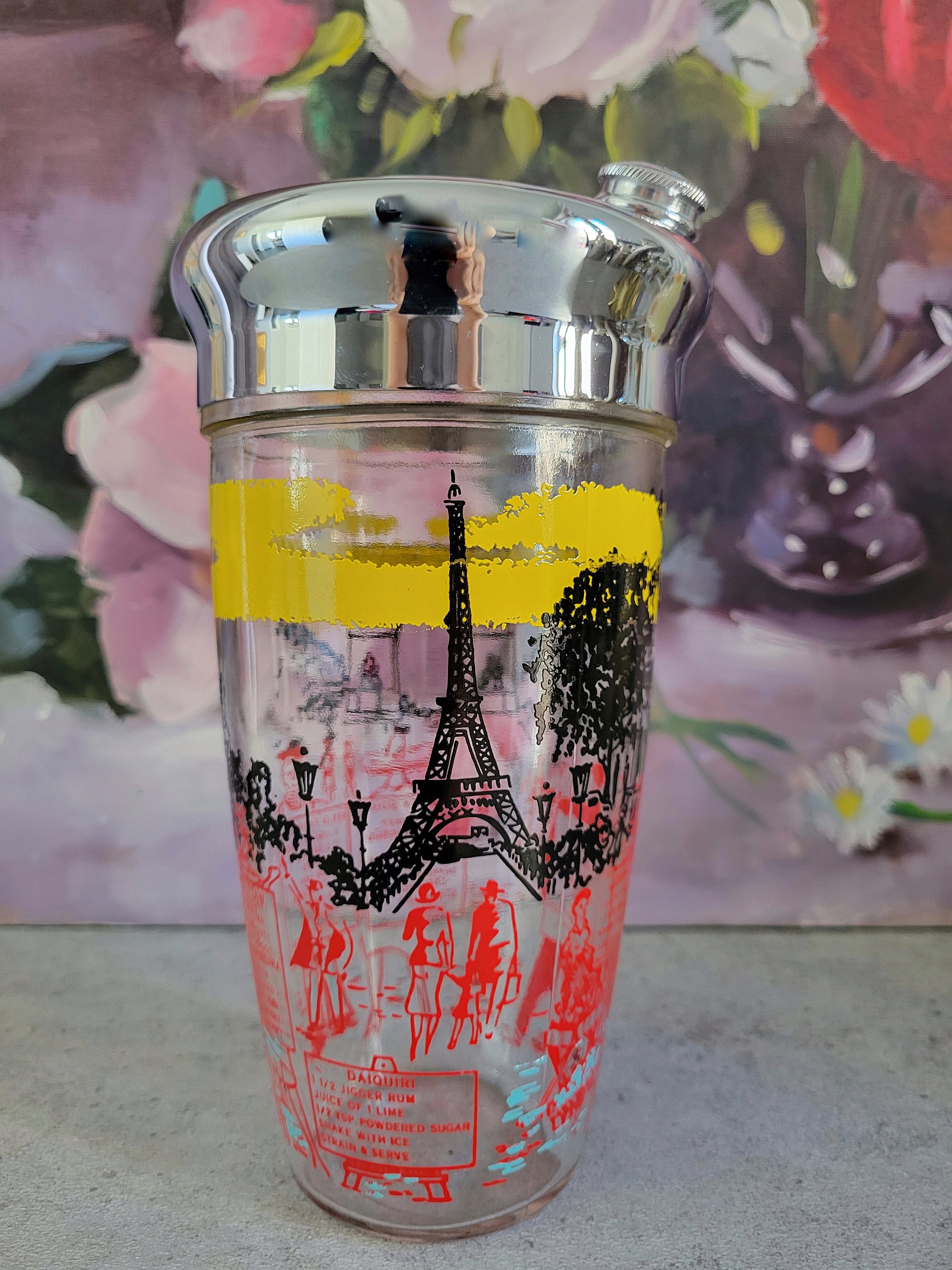 Paris Mid-Century Glass Cocktail Shaker - Vintage Cocktail Mixer Glass, MidCentury Barware, Cocktail Shaker with Drink Recipes Eiffel Tower