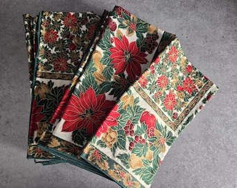 Christmas  Napkins Set of 12 - Poinsettia Fabric Design, Red Green Purple Winter Holiday Dining, Festive Table Decor