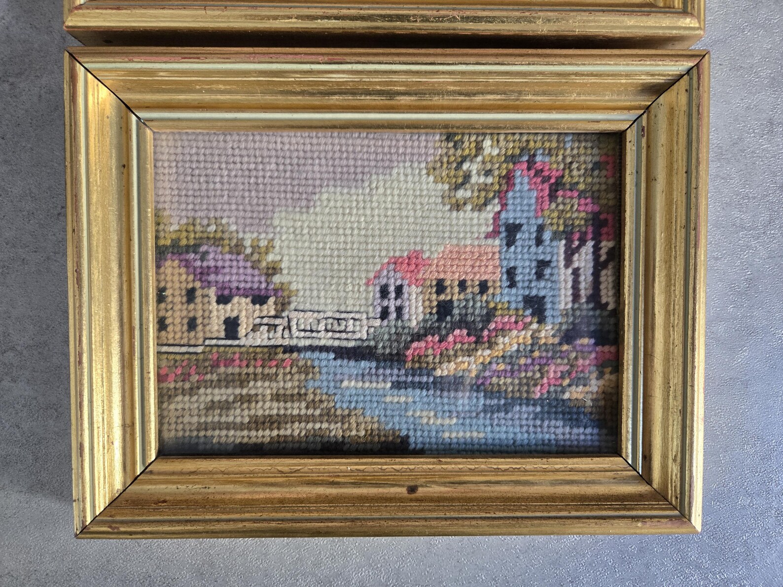Pair of Needlepoint Wall Art Lansdcapes With Gold Frames - Small ...