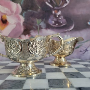 Vintage Silver Creamer and Sugar Bowl with Lid and Handles- Footed Ornate Floral Embossed Silverplated Serveware