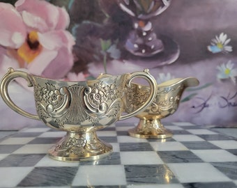 Vintage Silver Creamer and Sugar Bowl and Handles- Small Footed Ornate Floral Embossed Silverplated Serveware