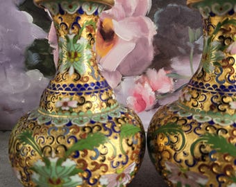 Chinese Cloisonne Vases- Pair of Vintage Asian Decorative Gold