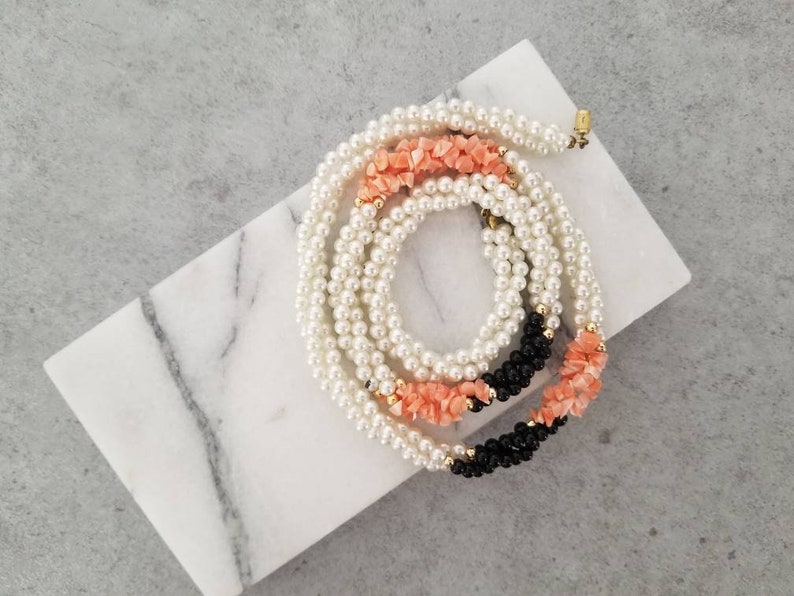 Long Statement Necklace Twisted Black Beads Gold and Coral Strands Bridal Pearl Necklace Vintage Pearl /& Coral Necklace