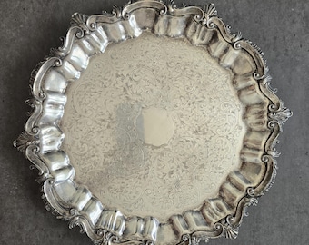 Vintage Round Ornate Tray - Footed Silver Drinks Platter, Drinks Tray, Silverplated Display Silver Plated Tray