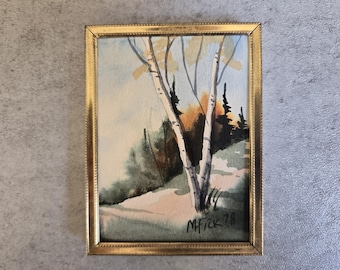Mary Noble Fick Original Painting - Vintage Small Landscape with Metal Frame - Winter Forest Watercolor Art