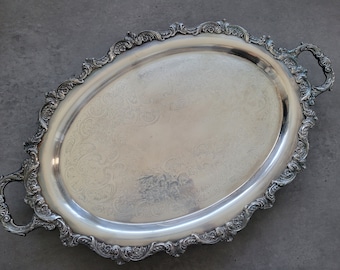 Large Oval Serving Tray with Handles - Vintage Ornate Silver Plated Footed Tray, Antique Silverplated Tray, Engraved Platter. Butler Tray