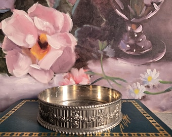 Vintage Wine Bottle Coaster  - Silver Plated Bowl  with Raised Rose Border
