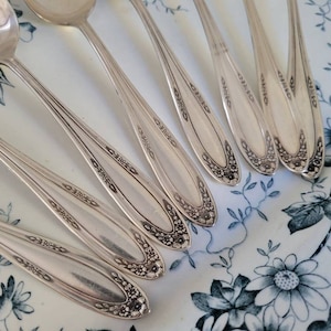 Vintage Oneida Spoons Set of 8 - Antique Silver Plated Art Deco Pattern, Food Photo Props