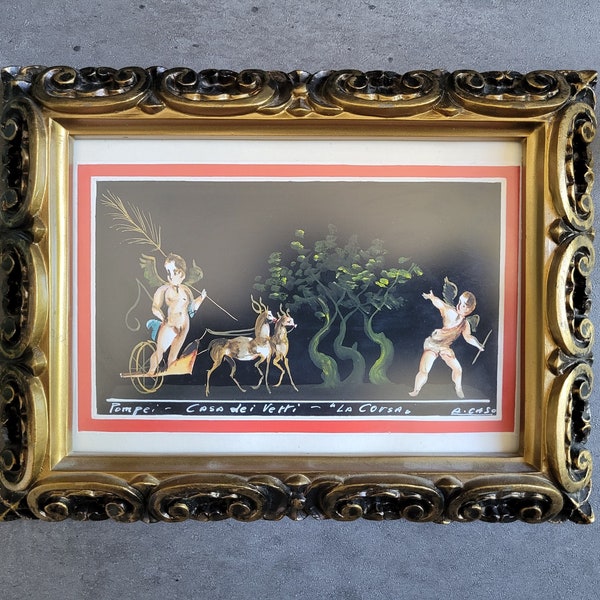 Vintage Italian Wall Art by Antonio Caso - Small Painting of Chariots Cherubs, Pompei Framed Artwork, Ornate Gold Frame