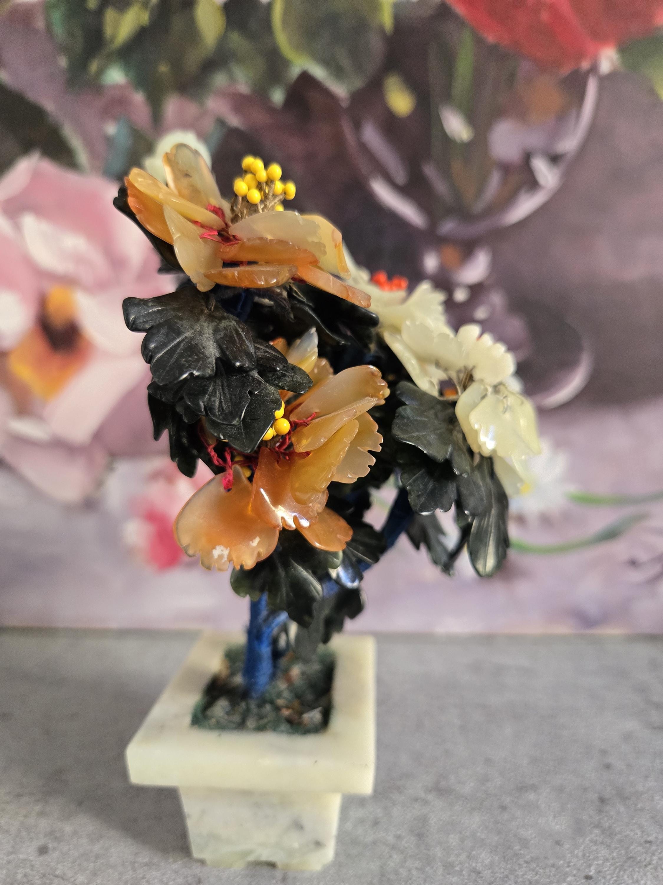 Vintage Floral Sculpture With Carved Base - Jade Flowers and