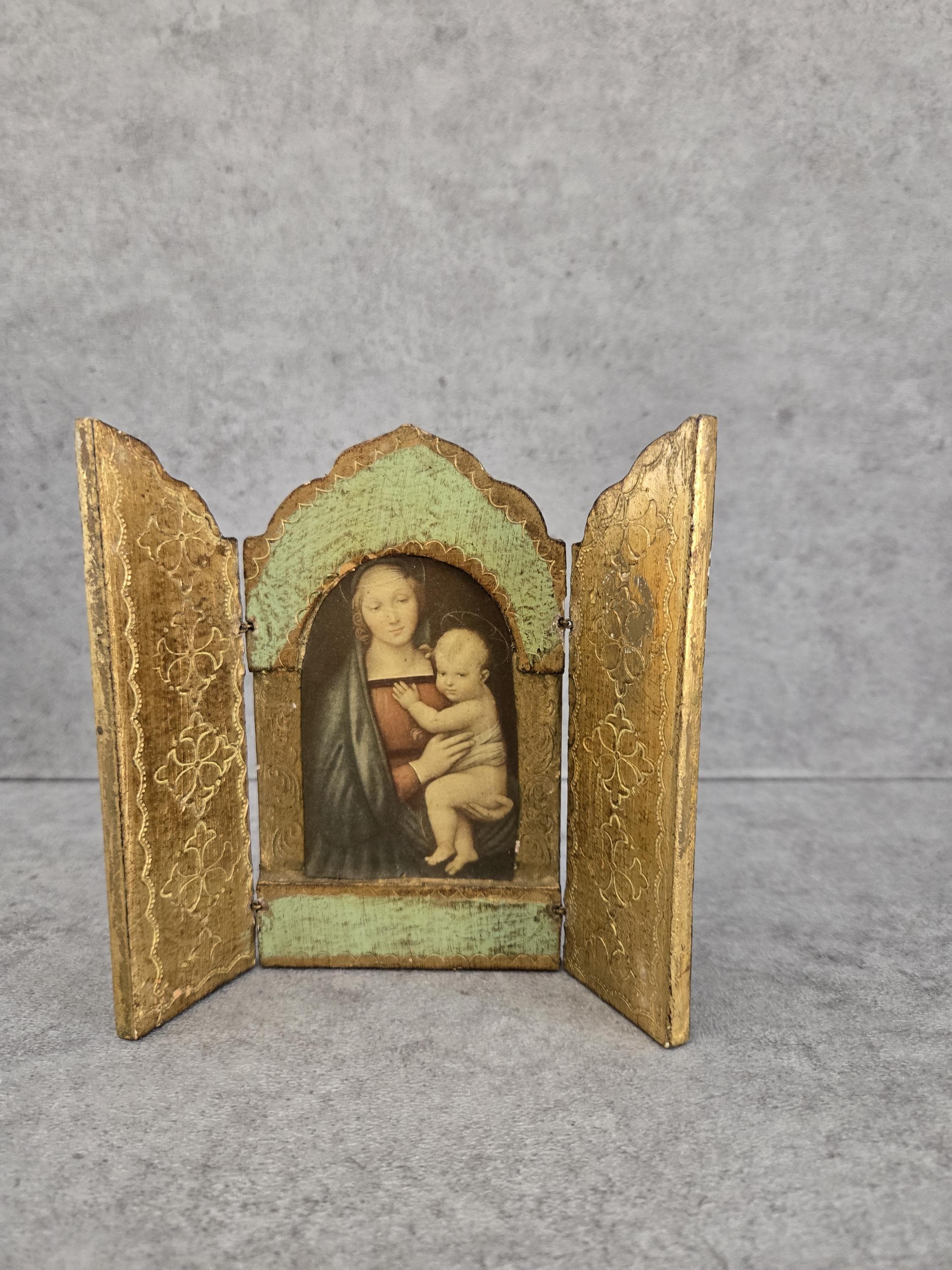 Vintage Wood Triptych Italian Florentine Gold Gilt Virgin Mary and ...