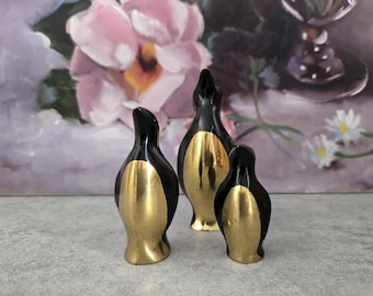 Vintage Brass Penguins Set of 3 - Solid Brass Gold and Black  Decoration Figurines, Shelf Decor, Mid-Century Modern Decor