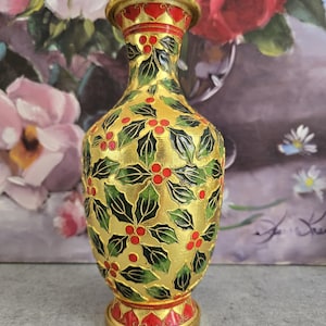 Chinese Cloisonne Vase -  Vintage Asian Decorative Gold Red Green Holyberry Gold Floral Vases, Enamel Chinoiserie