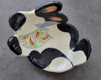 Ceramic Bunny Dish - Margie Weinstein Pottery, Hand Painted Bowl, Easter Spring Unique Kitchen Decor, Studio Pottery