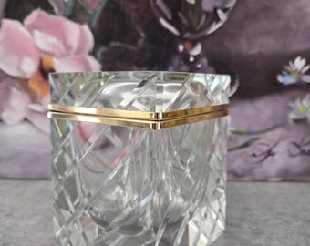 Vintage Glass Box with Gold Metal Rim for Jewelry, Trinkets - Made in Italy - Decorative Case with Lid, Clear Glass Cut Star Casket