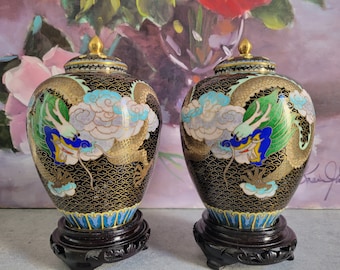 Chinese Cloisonne Ginger Jars, Pair of Vintage Asian Dragon Ginger Jar with Lid and Stand, Black Enamel Chinoiserie,  Blue Gold Urns