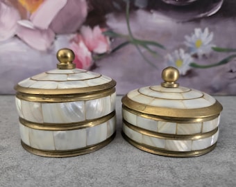 Vintage Mother-of-Pearl and Brass Round Boxes, Pair of Round Small Jewelry Boxes with Lid