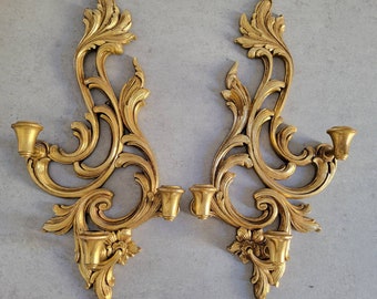 Vintage Pair of Wall Sconces -Large Ornate Three Arm Candle Holders, Decorative Home Decor Accent, Scroll Motif