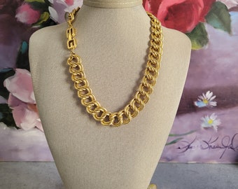 Vintage Givenchy Necklace - Logo Gold Tone Double Link Chain, 1980s Statement Necklace, Gold Chain Chocker