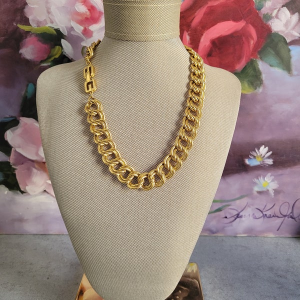 Vintage Givenchy Necklace - Logo Gold Tone Double Link Chain, 1980s Statement Necklace, Gold Chain Chocker