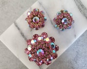 WEISS Pink Rhinestone Brooch and Earrings - Vintage 1960s Aurora Borealis Brooch, AB Clip-On Earrings Christmas Gift for Her