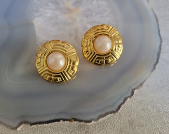 Vintage Givenchy Earrings - White Faux Pearl, Logo Border, Gold-Tone Border,  Round Earrings, 1980's Designer Runway Jewelry Paris New York