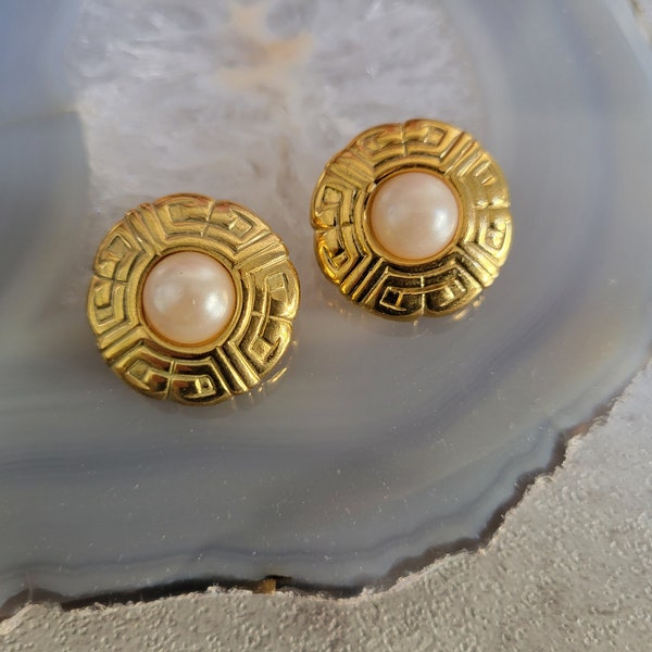 Vintage Givenchy Earrings - White Faux Pearl, Logo Border, Gold-Tone Border,  Round Earrings, 1980's Designer Runway Jewelry Paris New York