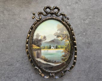 Vintage Italian Wall Art Painting - Small Lake Landscape with Ornate Metal Bow Frame, Made in Italy